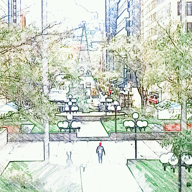 Image of scene in Montreal focusing on a walker in the city. (c)2014 Kathryn Bingham All Rights Reserved Montreal Walker photo with Sketchguru filter