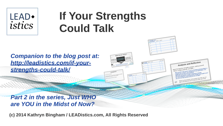 Title page LEADistics presentation, "If Your Strengths Could Talk." (c) 2014 Kathryn Bingham All Rights Reserved