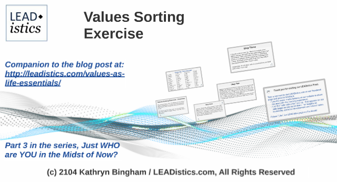 Image of title page, LEADistics presentation, "Values Sorting Exercise." (c)2014 Kathryn Bingham All Rights Reserved