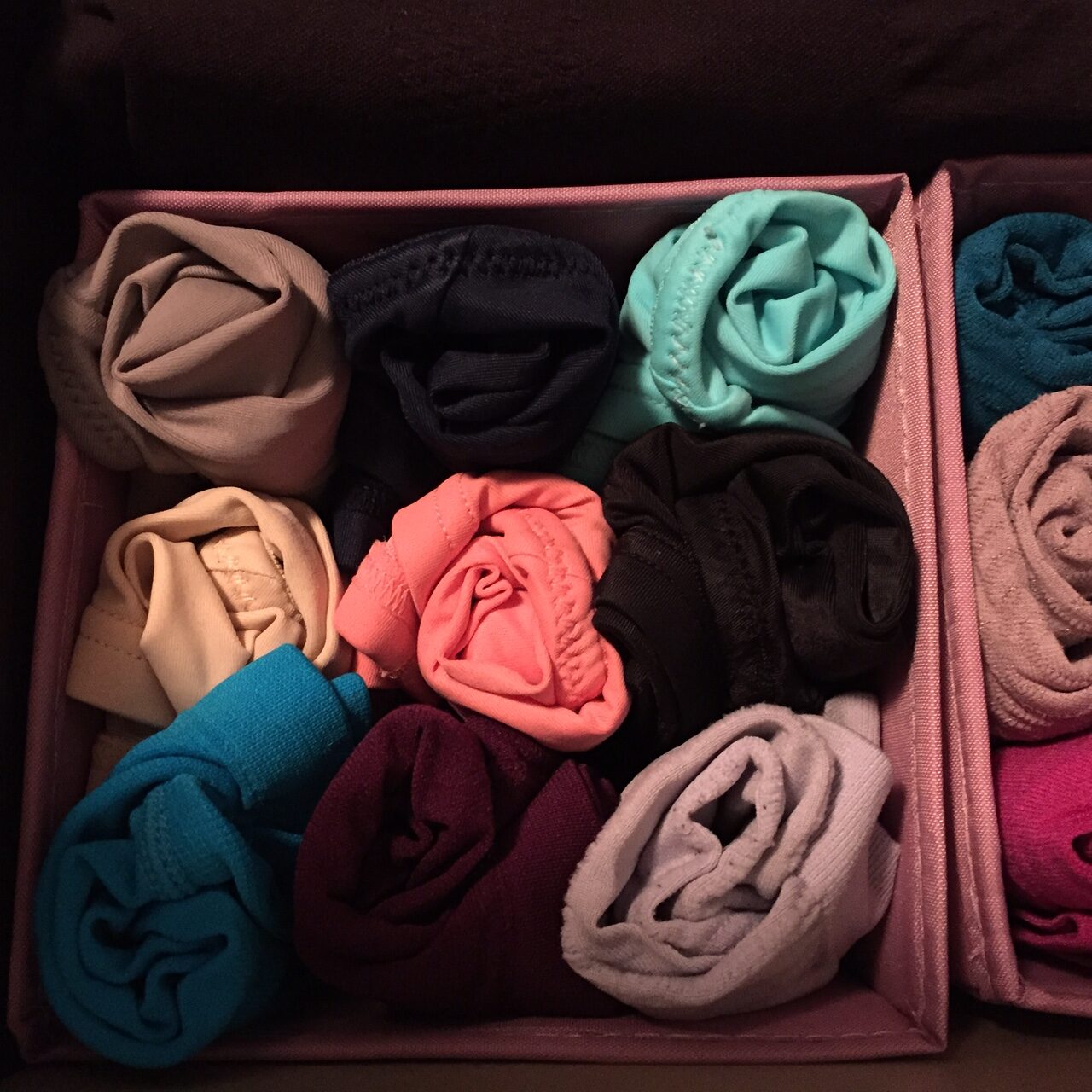 Underwear, rolled and organized in drawer