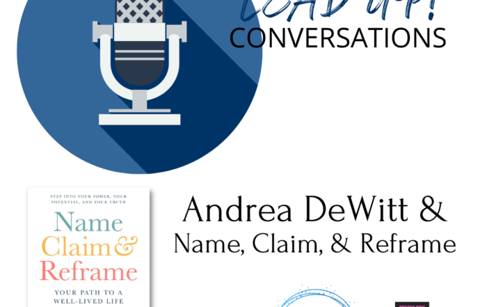 LeadUP! Conversations podcast logo; Image of author Andrea DeWitt's book Name, Claim & Reframe; Logos for Dr. Kathryn Bingham and LEADistics LLC; and image of Dr. Bingham's book, Driving Pink